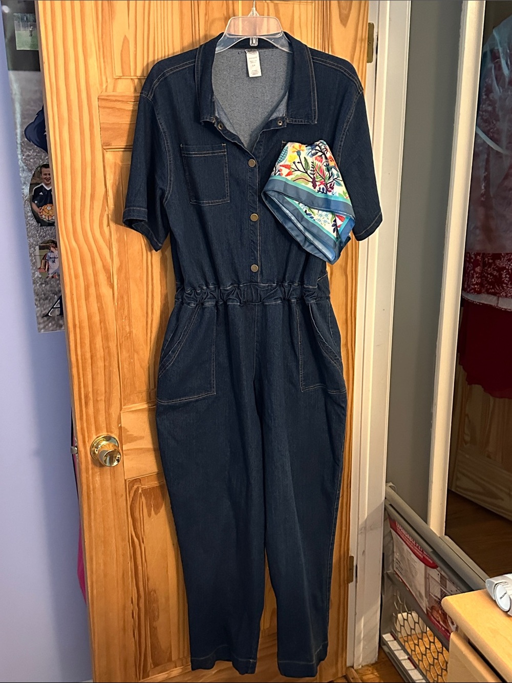Dark Denim Short-Sleeve Jumpsuit with Elastic Waist Dance Costume - Hip Hop